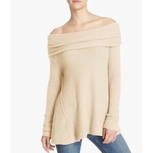 Free People XS Cowl‎ Neck Sweater Cream Light Yellow Stretchy Soft Lagenlook EUC